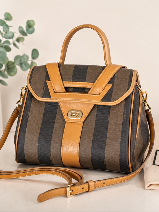 Fendi Handbags - Fendi Pequin Black & Tan Striped Handbag/Crossbody Bag with Leather Trim.
